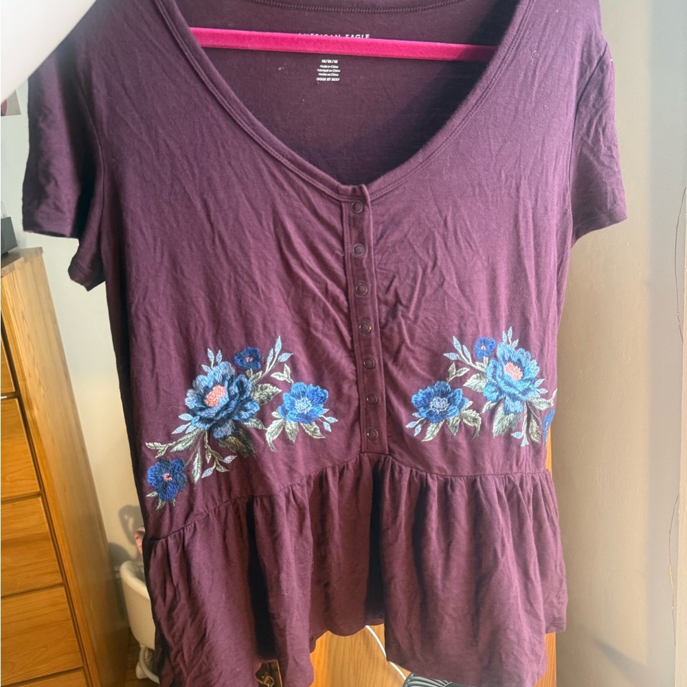 American Eagle Soft And Sexy Burgundy Plum Floral Embroidered Peplum Henley Top